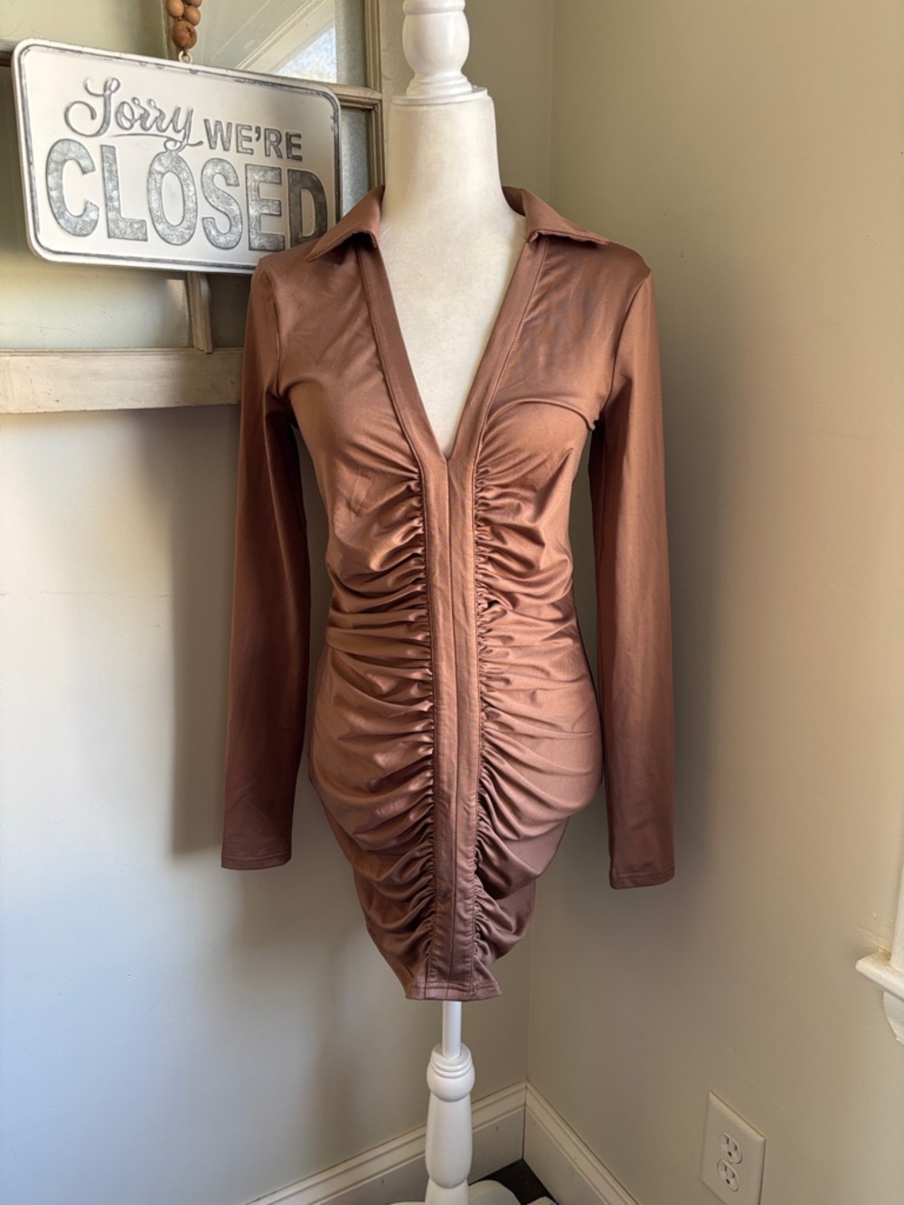 Showpo. Dulce Collared Long Sleeve Mini Dress in Mocha NWT